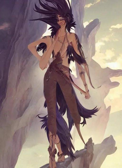 Prompt: concept art painting of an androgynous harpy with black feathers, pirate clothes, detailed, realistic, cel shaded, in the style of makoto shinkai and james gurney and alphonse mucha and greg rutkowski and artgerm