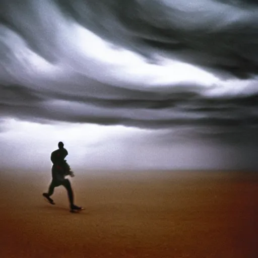 Prompt: «man running from the storm» by Trent Parke, clean, detailed, Magnum photos