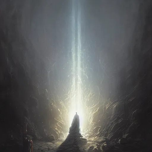 Image similar to Humans seeing the light of god with Death blocking the view, hyperdetailed, artstation, cgsociety, by greg rutkowski, by Gustave Dore