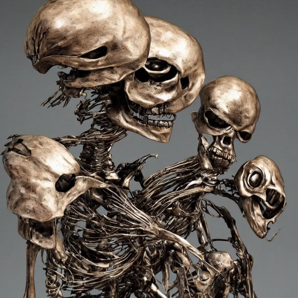 Image similar to a realistic metal sculpture of an alien skelleton, super detailed