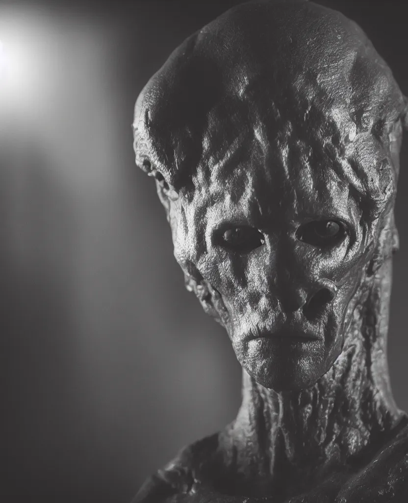 Image similar to a heroic portrait of a humanoid alien, low camera angle, 50mm lens, dramatic rim lighting