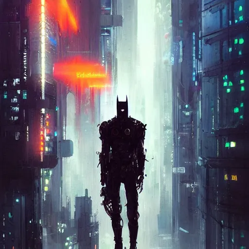 Image similar to cyberpunk batman, futuristic, brush strokes, oil painting, city background, greg rutkowski