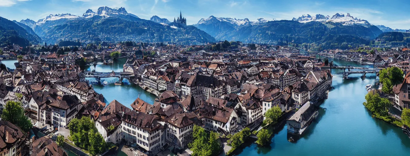 Image similar to Photo of Zurich, looking down the Limmat at the lake and the alps, Hardturm, Grossmünster, wide angle, volumetric light, hyperdetailed, light blue water, artstation, cgsociety, 8k