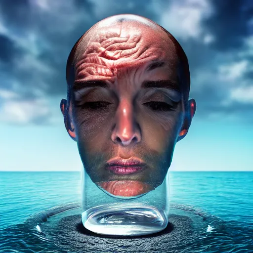 Image similar to surreal 3 d art of a human head stuffed in a bottle, on the ocean water, futuristic, glowing, hyper realistic, ray tracing, realistic water splashes, sharp focus, long shot, 8 k resolution, cinematic, photoshop art