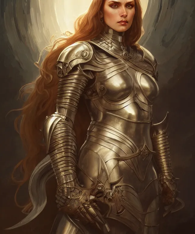 Image similar to Muscular and powerful medieval knight woman portrait full face, sci-fi, amber eyes, face, long hair, fantasy, intricate, elegant, highly detailed, digital painting, artstation, concept art, smooth, sharp focus, illustration, art by artgerm and greg rutkowski and alphonse mucha