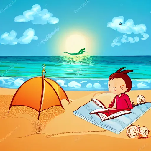 Image similar to Dragon on a beach reading a book under the stars