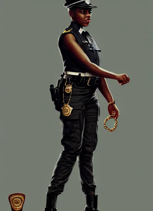 Image similar to full body portrait of young black woman as a police officer holding handcuffs, police uniform, intricate, beautiful and elegant, highly detailed, digital painting, artstation, concept art, smooth, sharp focus, illustration, art by wlop, mars ravelo and greg rutkowski