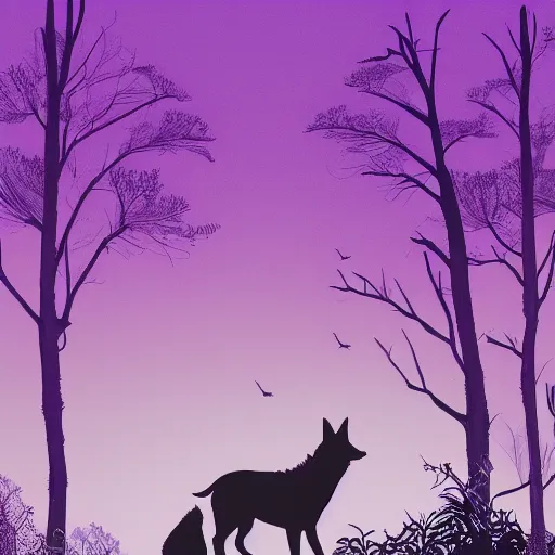 Image similar to silhouette art of wolves in a forest, good proportions, stunning, sunset, intricate, 4 k wallpaper, trending on artstation gradient black to purple