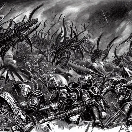 Image similar to Battle of the Imperial Guard on the planet against the Tyranids, Warhammer 40,000, Drawing in a dark Gothic style, super quality, Artist - Phil Moss