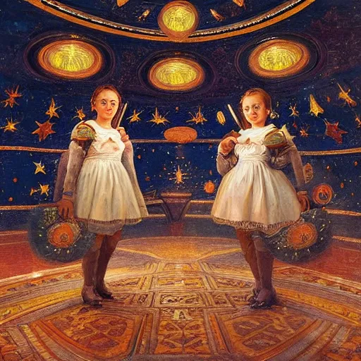 Image similar to udmurt twins uncovering the mysteries of long forgotten room with a starlit ceiling, in the style of konstantin razumov, detailed faces, extremely detailed