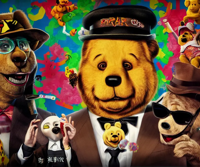 Prompt: hyperrealism fear and loathing in los vegas movie still photography of real detailed high xi jinping with detailed face with high winnie the pooh marijuana dmt lsd ecstacy cocaine hyperrealism photography by araki nobuyoshi, wlop, pixar