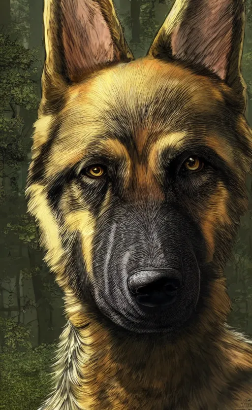 Image similar to close up character portrait icon of the german shepard beast - man military uniform head animal person wearing clothes standing in the bright forest, hidari, color page, tankoban, 4 k, tone mapping, akihiko yoshida