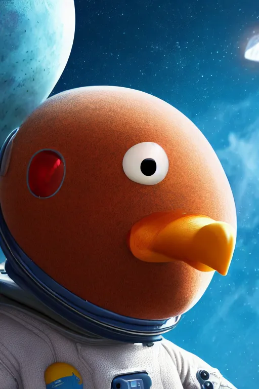 Image similar to a lonely chicken wearing a space suit without helmet in a alien planet, profile picture, digital art, concept art, trending on DeviantArt, highly detailed, high quality, 4K, cartoon, high coherence, path traced, blue sky in the background, octane render, digital painting, no helmet, masterpiece, anatomically correct, hyperrealistic