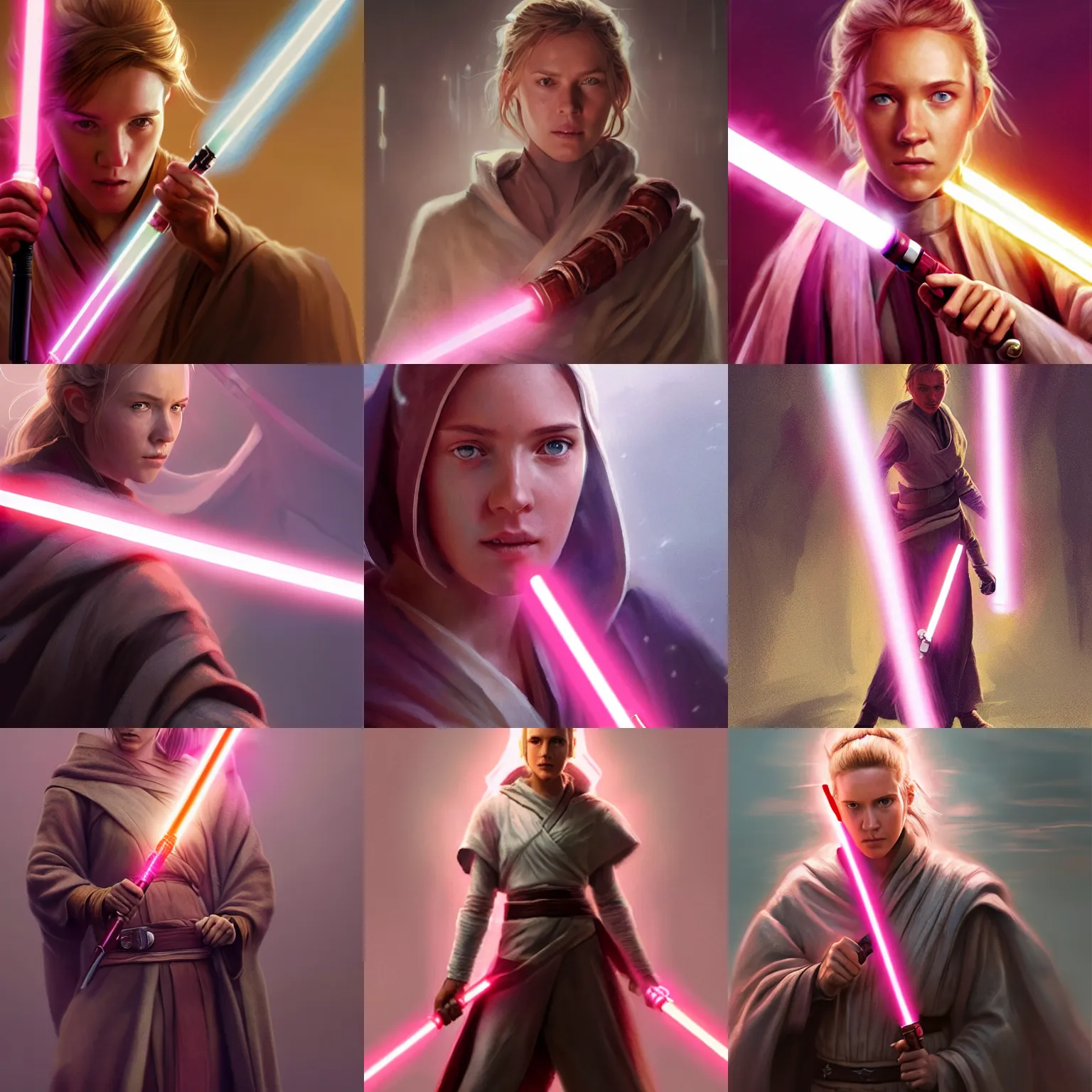 Prompt: Ellie as Jedi Master Obi-Wan Kenobi, from Star Wars Revenge of the Sith, holding a pink lightsaber, digital portrait by Greg Rutkowski, intricate, sharp focus, cinematic, epic, artstation