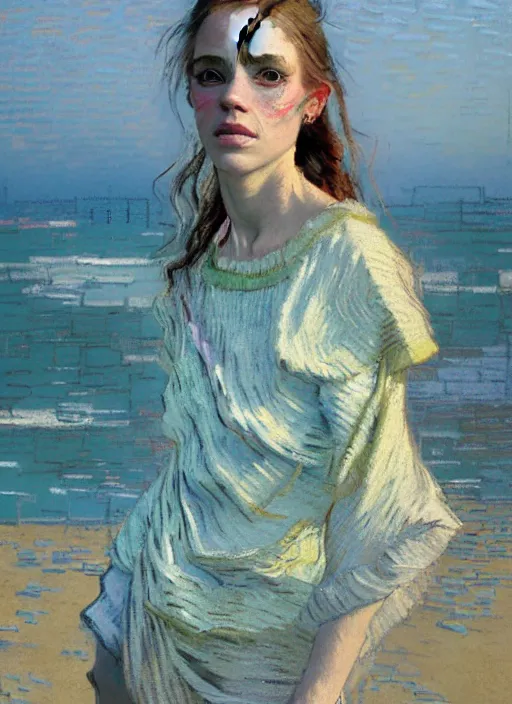 Image similar to portrait of a beautiful girl, sea dunes backdrop, sad, pastel shades of light blue and light yellow, beautiful face, rule of thirds, intricate outfit, spotlight, by greg rutkowski, by jeremy mann, by francoise nielly, by van gogh, digital painting