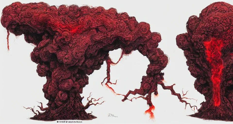 Image similar to a volcano made of ivory vines and crimson rocks enters in eruption, it spits a smoke in the shape of demonic eye, by D&D Concept Artists