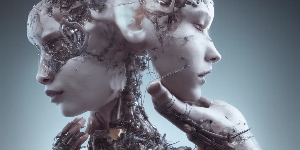 Image similar to hyper realistic photography of a beautiful cyborg female, intimate holding close, in the style of beth cavener, jin kagetsu, wlop, westworld, highly detailed, intricate filigree, symmetry, masterpiece, concept art, highkey lighting, ambient lighting, octane render, 8 k, artstation