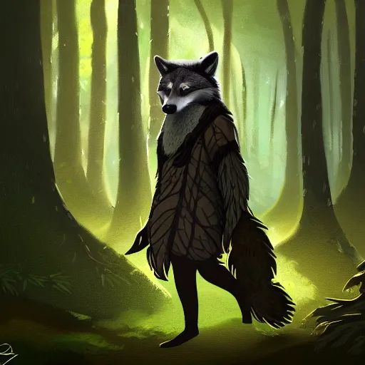 Image similar to a woodland druid in a forest with a wolf bird and racoon, photorealistic, in the style of greg rutkowski, digital painting