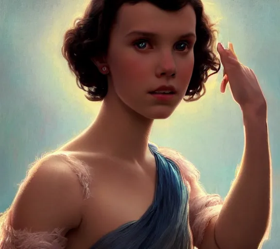 Image similar to photography millie bobby brown with hands - up and hairy armpits, deep focus, intricate, elegant, highly detailed, digital painting, artstation, concept art, matte, sharp focus, illustration, art by artgerm and greg rutkowski and alphonse mucha and gil elvgren