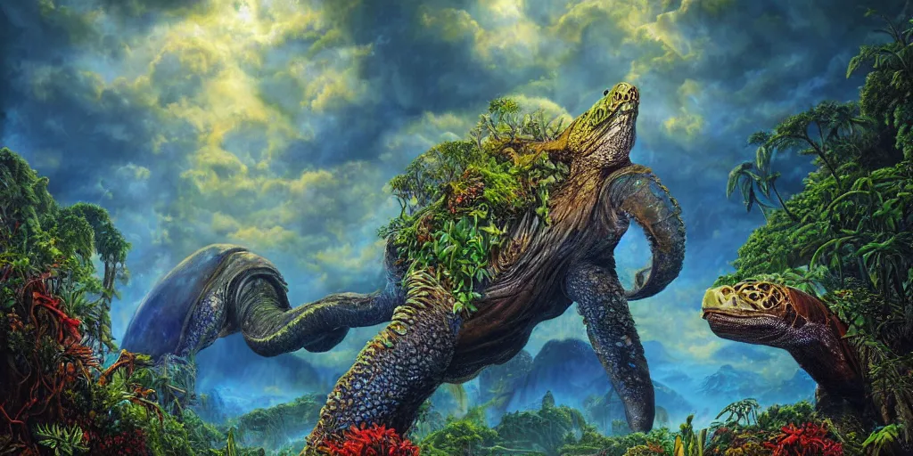 Prompt: fantasy oil painting, great leviathan, turtle cephalopod terrapin reptilian pachyderm amphibian hybrid, rainforest mountains, lush plants flowers, epic natural light, bright clouds, luminous sky, aircraft, outer worlds, bright cinematic key lighting, michael cheval, michael whelan, vray, 8 k hd