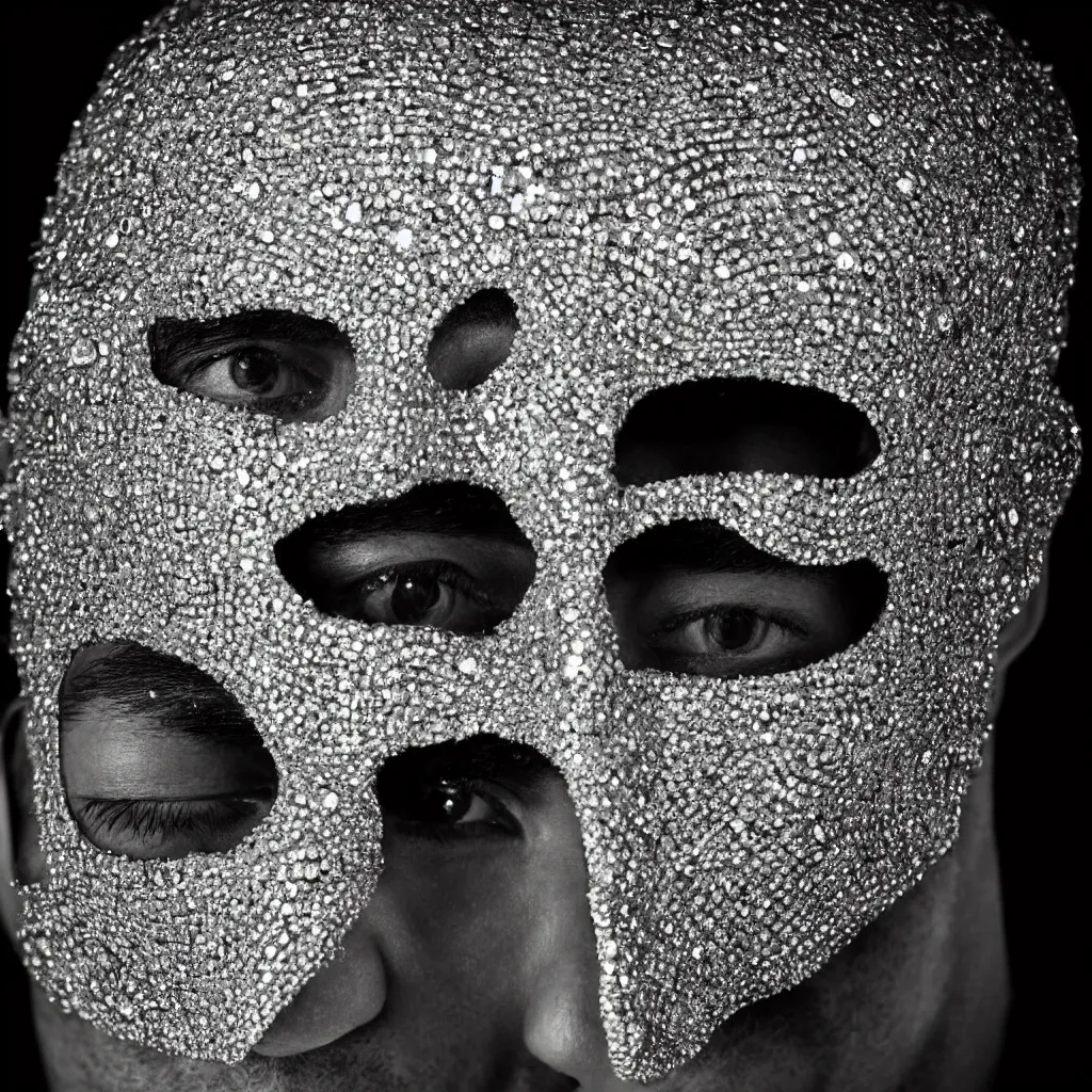 Prompt: an album cover photo portrait of a man with a diamonds mask on his head, behance contest winner, award winning, masterpiece, pop surrealism, made of diamonds, surrealist, 80mm close up (CU) f/1.8-3