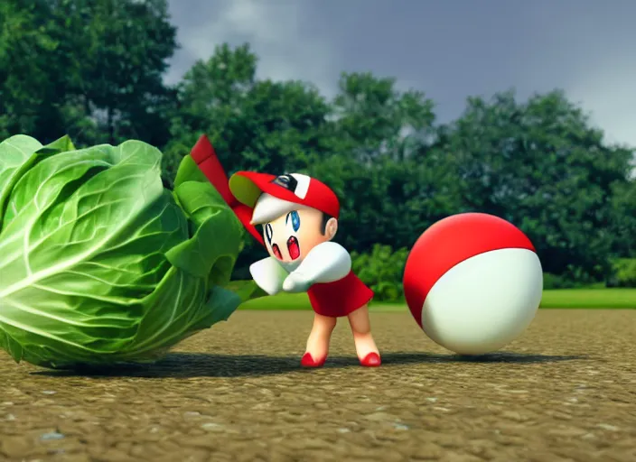 Image similar to Misty from Pokemon is throwing a pokeball at a cabbage. 3D render, action shot