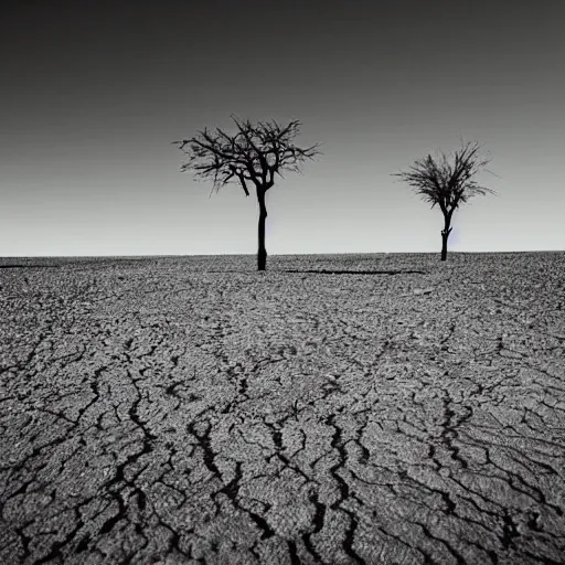 Image similar to A desolate wasteland, where the only sign of life is a lone, skeletal tree, bleak and foreboding.