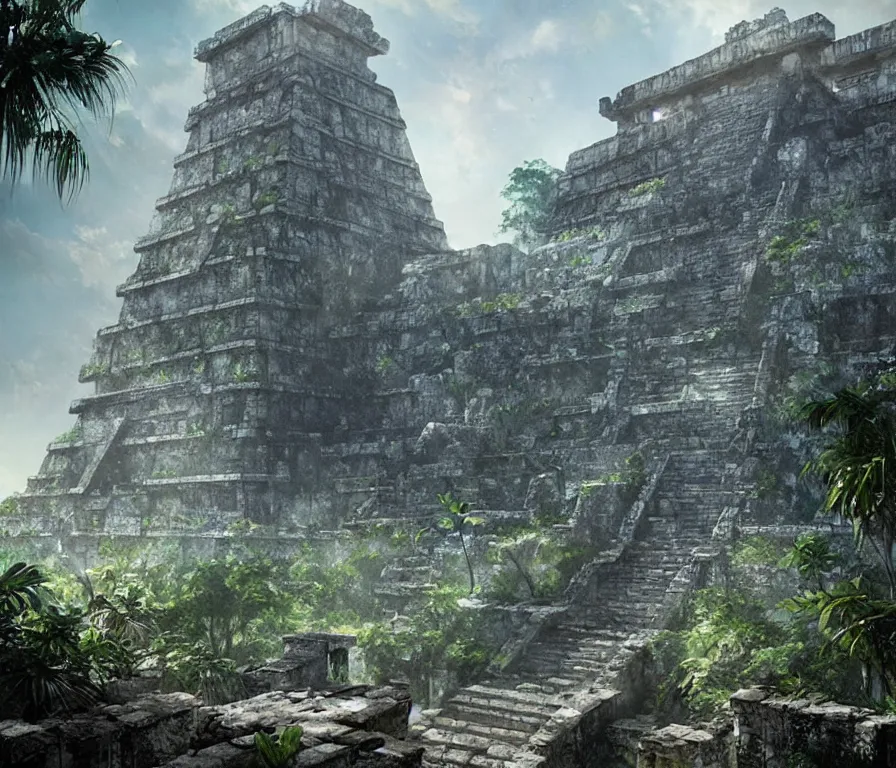 Image similar to a cinematic view of the beautiful ruins of a futuristic mayan temple in the jungle of yucatan, art by federico pelat and greg rutkowski and alejandro burdisio