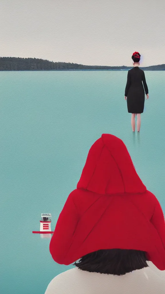 Prompt: wide shot rear view slr photographer woman hair in a bun kanzashi long red coat sneakers looking out over a placid lake, a character design painting, in the style of wes anderson, lola dupre, david hockney, isolated on negative white space background dark monochrome neon fluorescent spraypaint accents volumetric octane render