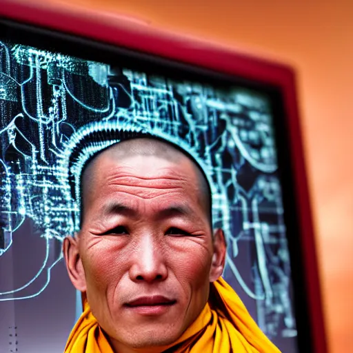 Image similar to portrait of a tibetan monk with facial cybernetic enhancements praying to a futuristic screen, photography