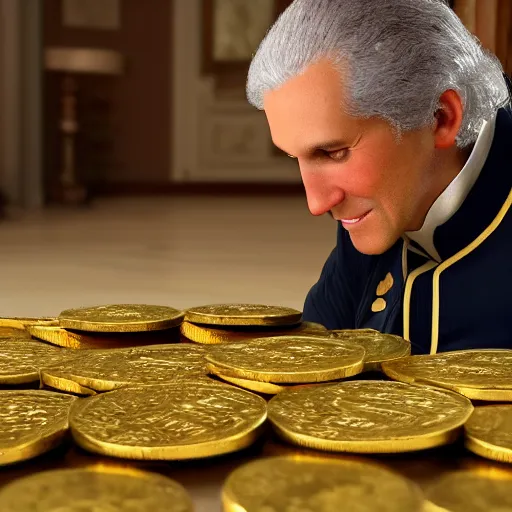 Image similar to a closeup photorealistic photograph of a happy George Washington inspecting small gold Doubloon coins at his home on Cherry Street. This 4K HD image is Trending on Artstation, featured on Behance, well-rendered, extra crisp, features intricate detail and the style of Unreal Engine.