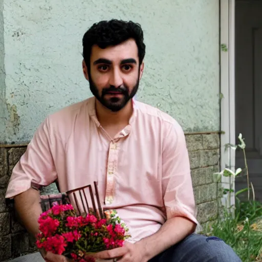 Image similar to sumeyye aydogan, duy beni serial, sitting on the porch holding a flower, in front of the house