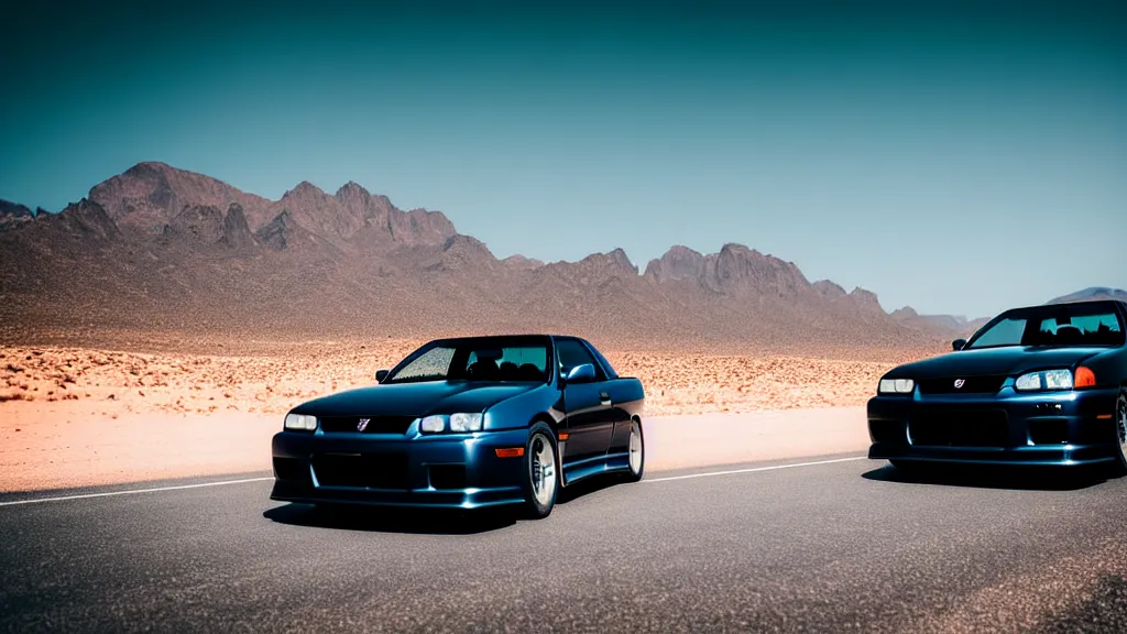 Image similar to three quarter front photo of a stock dark grey nissan r 3 2 skyline gtr on a road in a desert with a mountain in the background in the early morning, car photography, depth of field, depth blur, zoom lens, blue hour, photorealistic