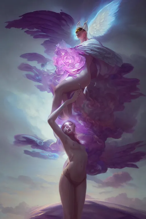 Image similar to angel of the sun by Peter mohrbacher, hyper realistic, octane render, stardust in atmosphere, black and purple rose petals , realistic hair, award winning artwork, trending on artstation, high quality printing, fine art with subtle redshift rendering