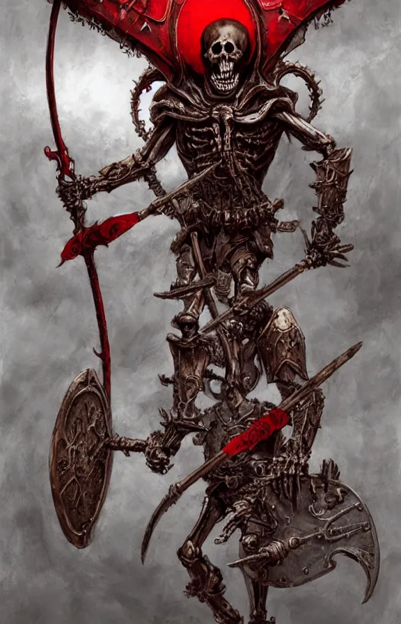 Prompt: skeleton holding a medieval shield and spear, surrounded by red evil death tentacles, digital concept art, artstation, hyper detailed, hyper realistic, dark atmosphere, full body, art by frank frazetta