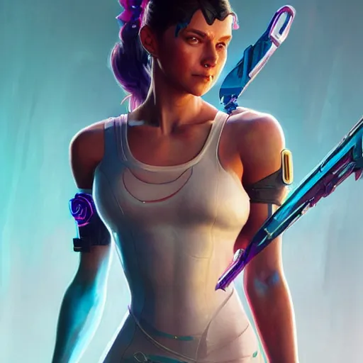 Image similar to an athletic humanoid girl with a flower, cyberpunk 2070, synthwave, highly detailed, digital painting, artstation, concept art, sharp focus, illustration, art by artgerm and greg rutkowski and alphonse mucha