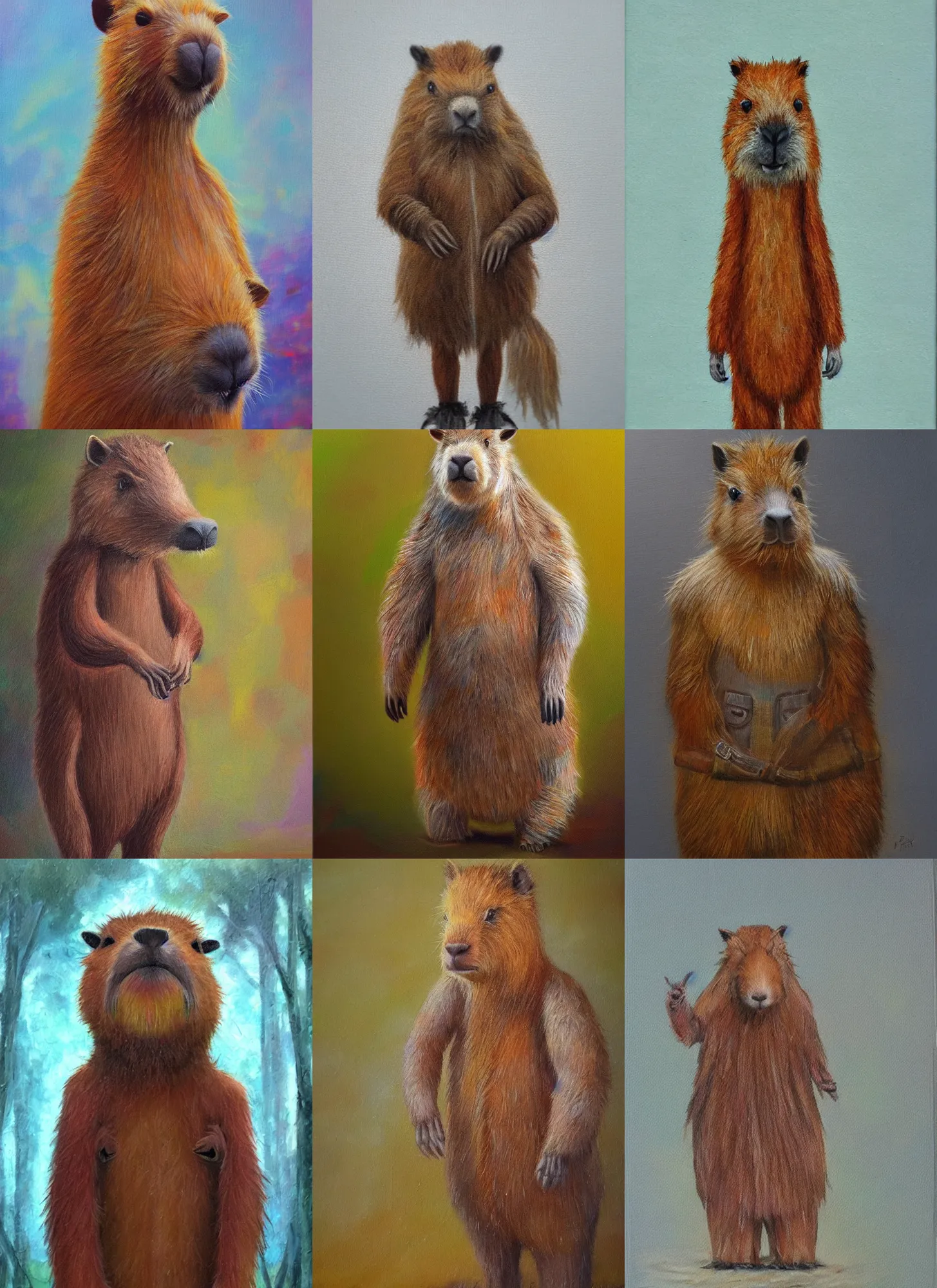Prompt: full body concept art soft focus oil painting on canvas of an anthropomorphic capybara druid in full intricate clothing, dystopian, micro detail