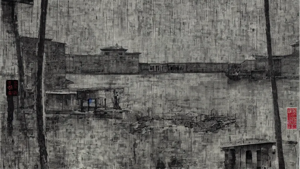 Image similar to a chinese prison near a river by peter doig, shades of grey, overlaid with chinese adverts