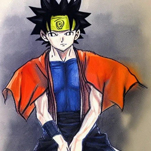 Image similar to young man in naruto costume and with saiyan hair on a trial in a court, courtroom sketch