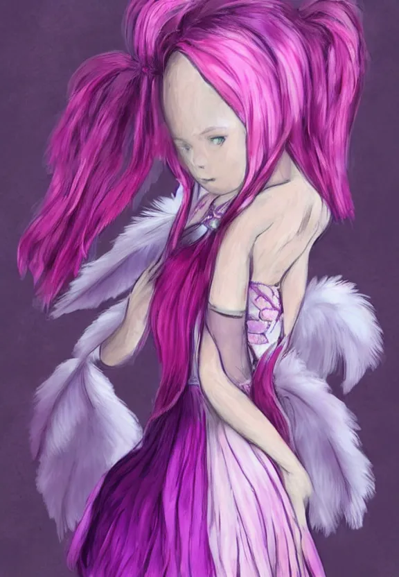 Image similar to little girl with eccentric pink hair wearing a dress made of purple feather, art by dcwj