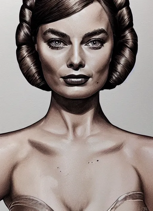 Prompt: Margot Robbie as Princess Leia, by artgerm, beautiful, mixed media on toned paper, 2021, very detailed, coffee art