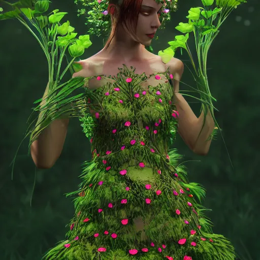 Prompt: beautiful girl in a dress made of plants, beautiful portrait, symmetrical, character concept style trending on artstation concept art detailed octane render cinematic photo - realistic 8 k high detailed