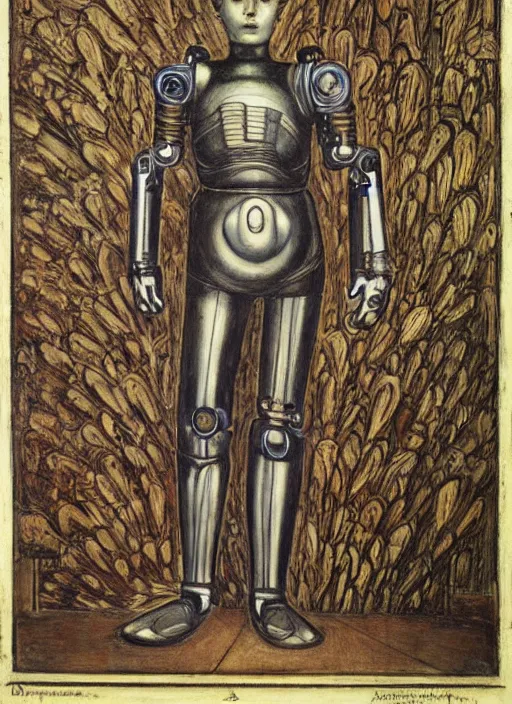 Image similar to a portrait of a robot cyborg by Edward Burne-Jones, pre-raphaelite style