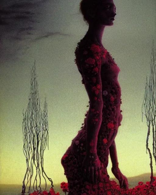 Image similar to A portrait of a woman wearing clothes made out of dying flowers, nuclear explosion in the background, Masterpiece, deep black skin, glowing, wires everywhere, by Edgar Maxence and Ross Tran, Zdzisław Beksiński, and Michael Whelan, distant, gustav dore, H.R. Giger, 8k, octane render