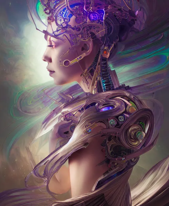 Prompt: whirlwind of souls rushing inside the metaverse, half body, tiara, tattoo, pharaoh, android, cyborg, cyberpunk face, by loish, d & d, fantasy, intricate, elegant, highly detailed, colorful, vivid color, digital painting, artstation, concept art, art by artgerm and greg rutkowski and alphonse mucha and ruan jia