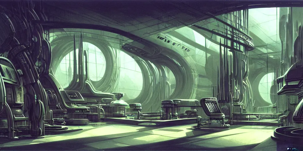 Prompt: highly detailed matte painting science fiction laboratory, biopods, futuristic, experiments, synthetic, medical equipment, research subjects. environment art by syd mead and h. r. giger and john berkley and john harris. concept art, dystopian grunge, retro futurism, beautiful volumetric - lighting - style atmosphere
