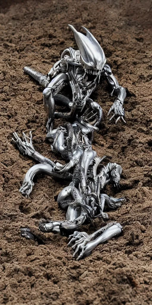 Prompt: bootleg figure of a plastic platinum xenomorph diorama crushed on the ground surrounded of dirt and moss secondhand, dramatic airbrush stormcloud by Luis Royo, mcfarlane, cursed photography, middle shot