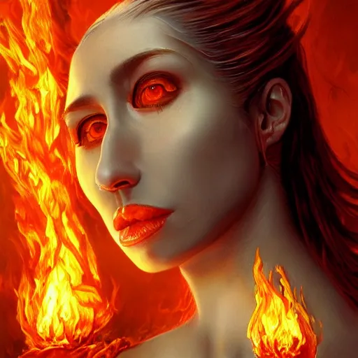 Image similar to A stunning portrait of a goddess, her body engulfed in flames, by Jim Burns, 8K UHD, intricate, fantasy, Trending on artstation.