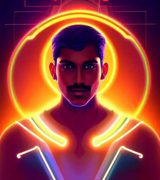 Image similar to symmetry!! indian prince of technology, solid cube of light, hard edges, product render retro - futuristic poster scifi, lasers and neon circuits, brown skin handsome indian prince, intricate, elegant, highly detailed, digital painting, artstation, concept art, smooth, sharp focus, illustration, dreamlike, art by artgerm