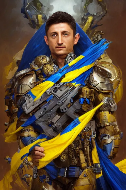 Image similar to shot of Vladimir Zelenskiy as a super soldier with Ukrainian blue and yellow flag on his back, handsome, fantasy, intricate, pile of skulls under his feet, elegant, highly detailed, digital painting, artstation, concept art, smooth, sharp focus, illustration, art by artgerm and greg rutkowski and alphonse mucha